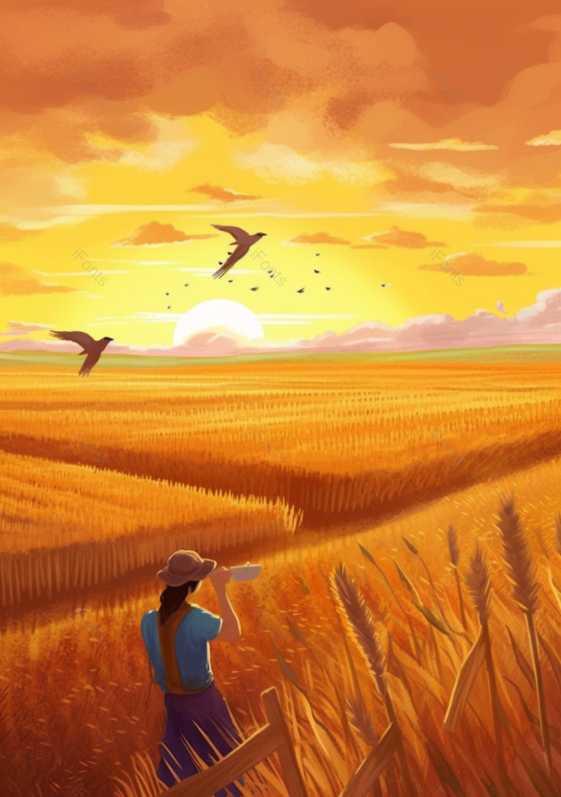 一大片成熟丰收的麦田和小女孩背景,插画/手绘图,插画/手绘图库,插画/手绘图下载,插画/手绘
